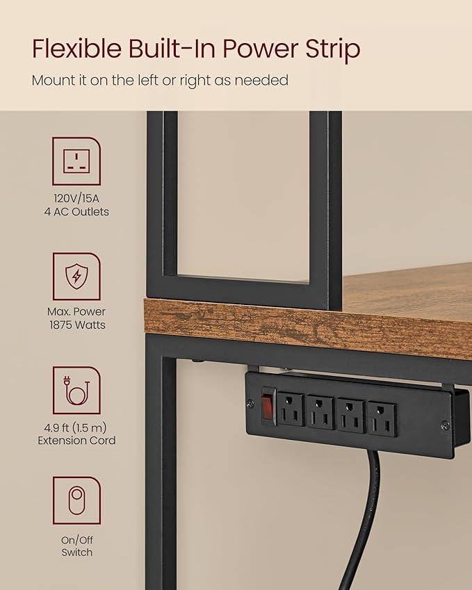 VASAGLE Kitchen Bakers Rack with Power Outlet, Coffee Bar with 35.4-Inch High Worktop, Microwave Stand with 8 Hooks, 15.7 x 31.5 x 66.9 Inches, Rustic Brown and Ink Black UKKS059K01