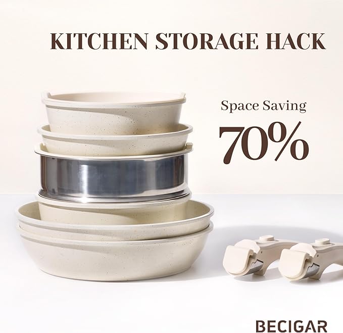 Nonstick Ceramic Cookware Set 21PCS with Detachable Handle, Pans and Pots Set, RV Kitchen Set Cookware Set, with Removable Handles, Oven Safe, Induction Ready, Stackable Non-stick Set