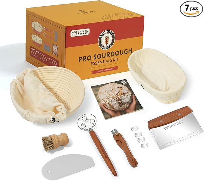 Sourdough Bread Baking Supplies - Banneton Proofing Basket Set of 2-10 inch Round and Oval Bread Basket for Sourdough Starter Kit - Sapele Mahogany Lame, Scraper, Whisk - Artisan Bread Making Gift
