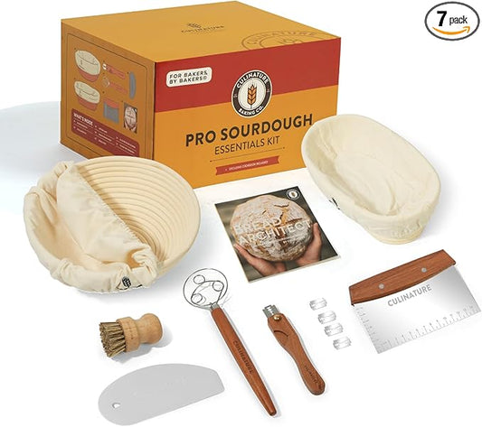 Sourdough Bread Baking Supplies - Banneton Proofing Basket Set of 2-10 inch Round and Oval Bread Basket for Sourdough Starter Kit - Sapele Mahogany Lame, Scraper, Whisk - Artisan Bread Making Gift