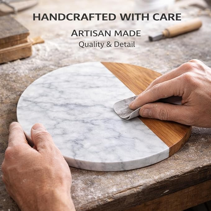 White Marble Board - Cheese Board | Acacia Wooden Serving Tray For Charcuterie, Cheese, Meats, Fruit, Crackers | Cutting Board, Serving Tray, Round Slab 10 Inches.