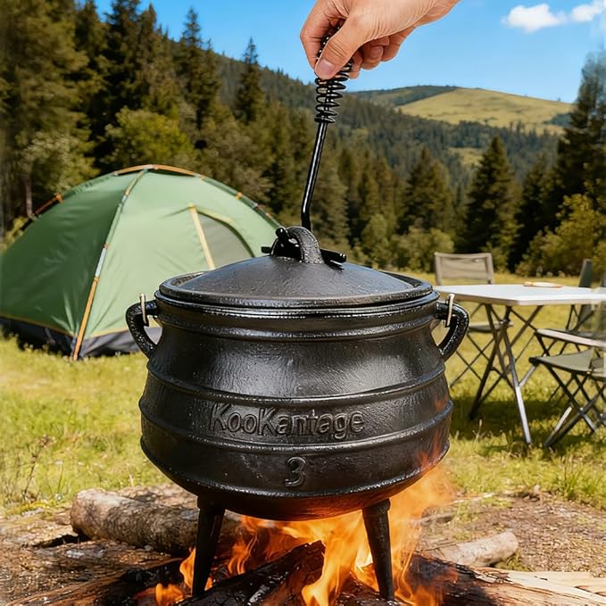 Pre-Seasoned Cast Iron Cauldron - 6 Quart African Potjie Pot with Lid - 3-Legged Dutch Oven for Camping and Over-the-Fire Cooking - Durable Outdoor Cookware