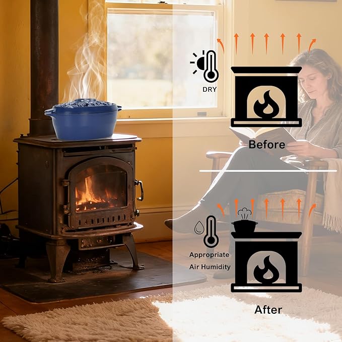 Wood Stove Steamer Humidifier, 2.5 Quart Cast Iron Pot with Porcelain Enamel Coating & Lattice Top, Rust Resistant, Decorative Humidifier for Fireplace, Home Indoor Use (Blue)
