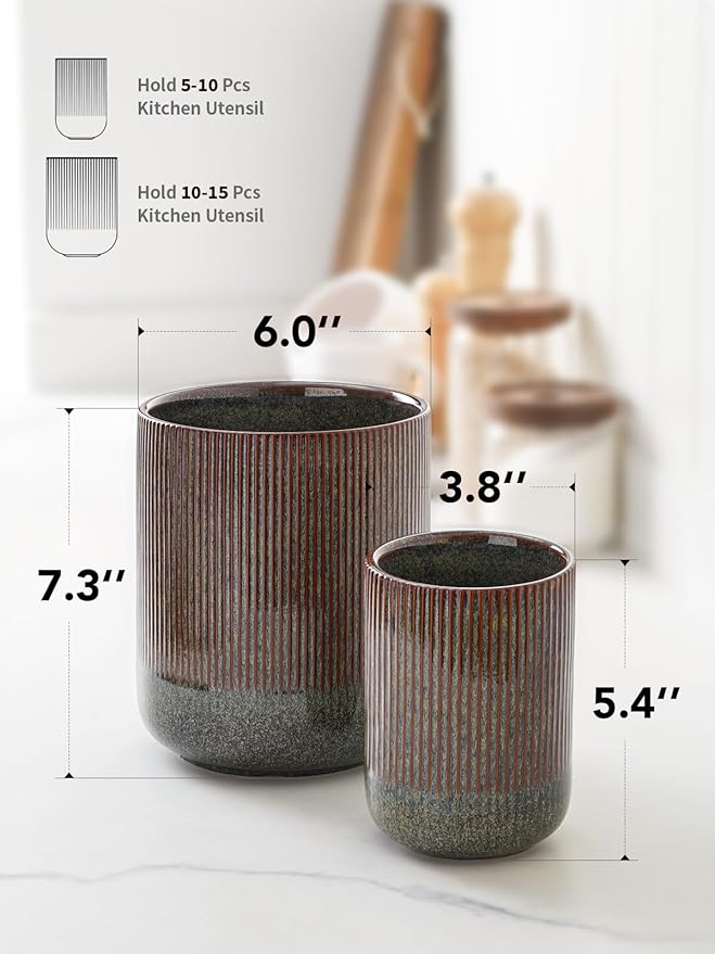 LE TAUCI Utensil Holder, 7.3"+5.4" Ceramic Kitchen Utensil Holder for Countertop, Black Cooking Utensil Crocks for Kitchen Counter, Morden Utensil Organizer for Spatula, Set of 2, Marble Dark Olive