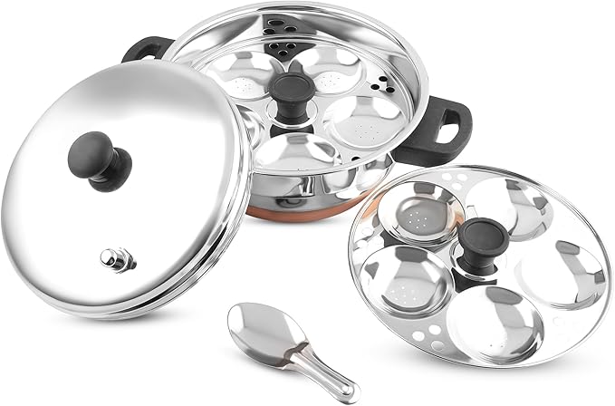All in One Copper Bottom Idli Cooker 4 pcs Multi Kadai with Stainless Steel lid, 2 idli Plates (10 Idlis) 1 Steamer and 1 Idli Spoon with Whistle, Silver