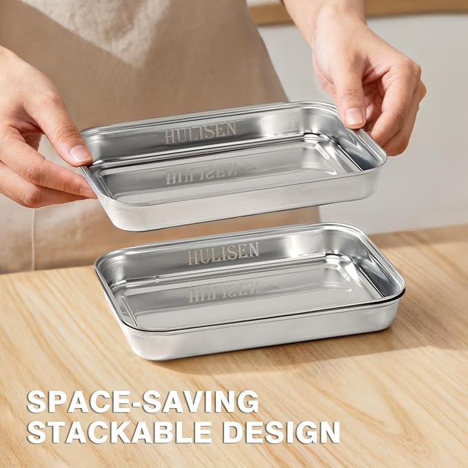 HULISEN Set of 3 Breading Pans, Stainless Steel Breading Set for Marinating Meat, Chicken, Fish, Food Prep Trays, Coating Trays Can Be Used to Baking Cake, Oven Safe