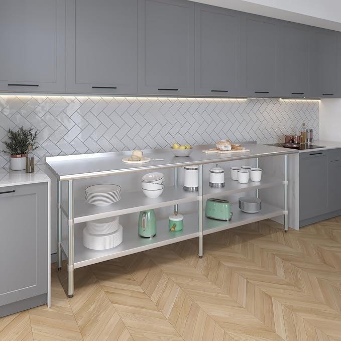 AmGood Stainless Steel Work Table with 1.5" Backsplash and 2 Shelves | Metal Kitchen Food Prep Table | NSF (96" Long x 24" Deep)