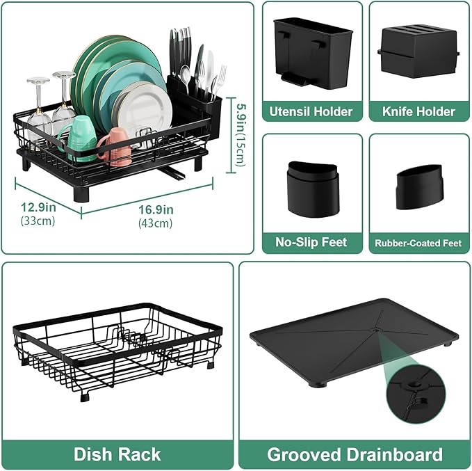MOUKABAL 2-Tier Kitchen Dish Drying Rack with Removable Utensil Holder, Large Capacity Drying Rack with Drainboard for Kitchen Sink Counter (Black, Metal)