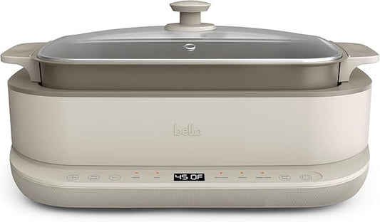 bella 6.0 QT Multi-Cooker, Ceramic Nonstick Coating, 4-in-1 Versatility, 4 cooking functions, Slow Cook, Sear, Saute, Steam, Serves 7 people, Dishwasher Safe Pot & Tempered Glass Lid, Tangle Free Cord Wrap, Oatmilk