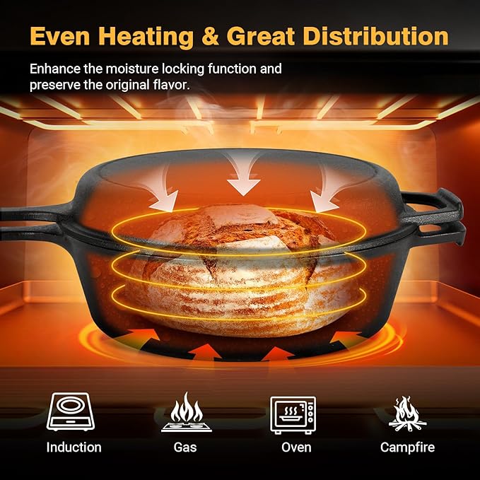 5 Qt Cast Iron Dutch Oven with Skillet Lid, 2-in-1 Sourdough Dutch Oven, Dutch Pot with Bread Baking Supplies