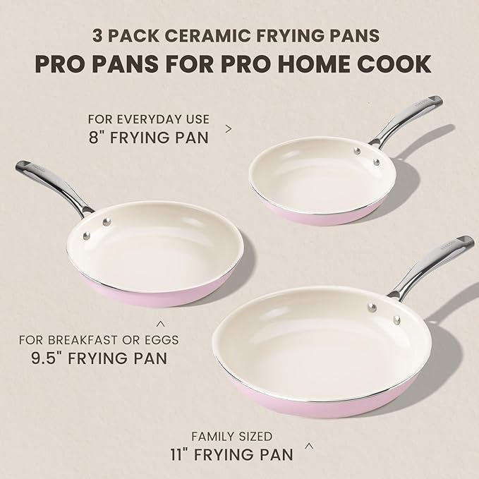 Kikcoin Non Stick Frying Pans Set, 3 Pack Ceramic Frying Pan with Stay Cool Handle, 8+9.5+11 Inch Nonstick Omelet Pan Non Toxic Egg Pans for Cooking, Induction Ready, Oven/Dishwasher Safe (Pink)