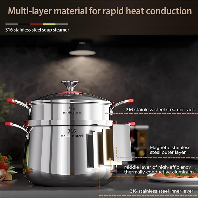 5 Qt Stainless Steel Stock Stew Pot with Steamer Insert and Glass Lid, 316 Thickened Clad for Fast Even Heating, Compatible with Gas Induction Ceramic Electric Halogen Stoves (2 Tier, 22cm)