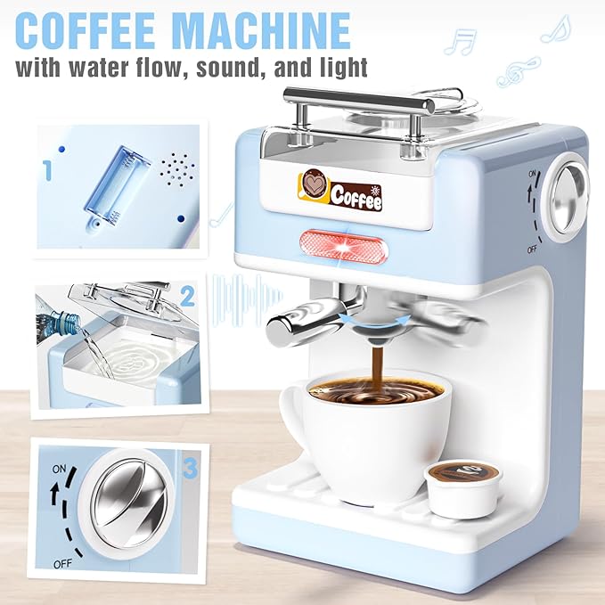 Kids Kitchen Toys Set, BPA-Free 7 Piece Pretend Play Appliances with Light Sound, Coffee Maker Blender Stand Mixer Toaster for Toddlers Ages 3 Plus, Educational Role Play Gift (Blue)