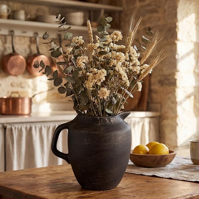 Rustic Kitchen Utensil Holder with Handle,7 Inch Ceramic Vintage Utensil Crock for Countertop, Farmhouse Kitchen Decoration Ceramic Pot for Spatulas Spoons Tongs(Novelty,Antique Black Gold)