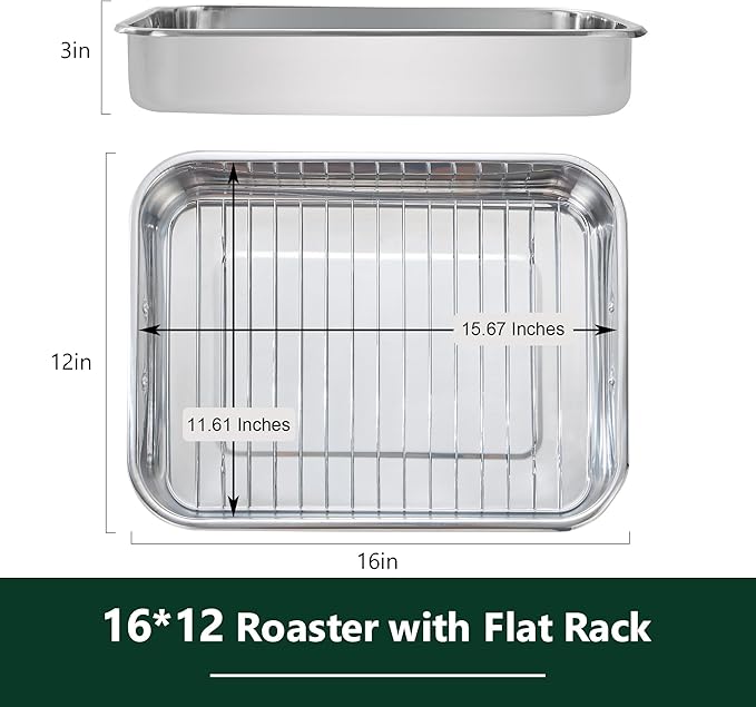 Stainless Steel Roasting Oven Pan: Roaster Pans With Rack & Handles 16.5 * 12.4 * 3 inches - Kitchen Baking Appliances for Turkey Chicken Beef - Kitchen Cookware Gifts for Women Homeowner