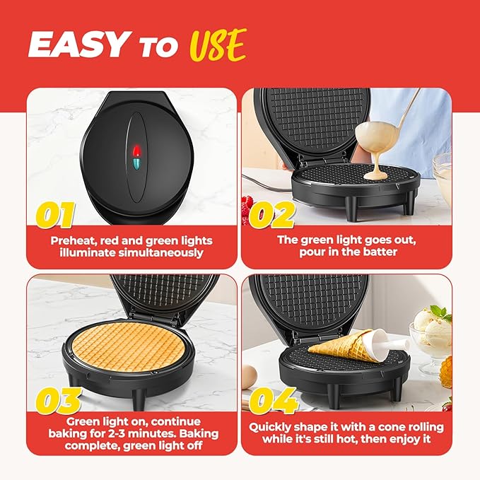 Waffle Cone Maker and Ice Cream Cone Maker with Cone Roller, 1000W Double Side Even Heating Thin Waffle Maker, Makes Crispy Waffle Cones, 7.5" Nonstick Plate Waffle Cone Maker Machine, Easy to Clean