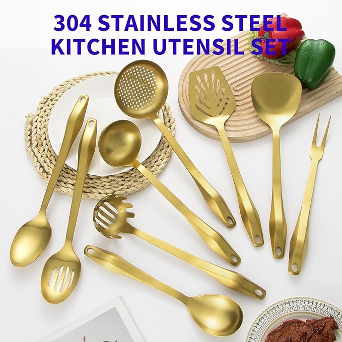 304 Stainless Steel Kitchen Utensil Set - 9pcs Cooking Utensils, Metal Kitchen Utensil Spatula Sets Cookware,High temperature resistance Kitchen Tool Set for Hanging Dishwasher Safe（Gold）