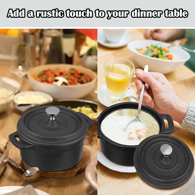 4 Pcs Mini Dutch Oven Small Round Iron Cocotte Black Dutch Oven Pot with Lid and Dual Handles Cast Iron Pot for Stovetop Use Marinate Cook Bake Refrigerate Garlic, Individual Servings(17 oz)