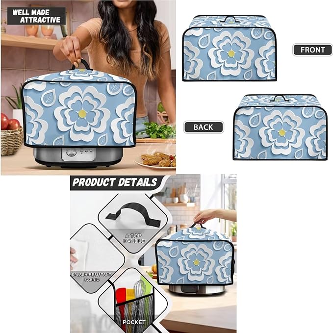 Blue Floral 4 Slice Toaster Cover Set, Bread Toaster, Blender and Slow Cooker Dust and Fingerprint Protection, Machine Washable Kitchen Decor