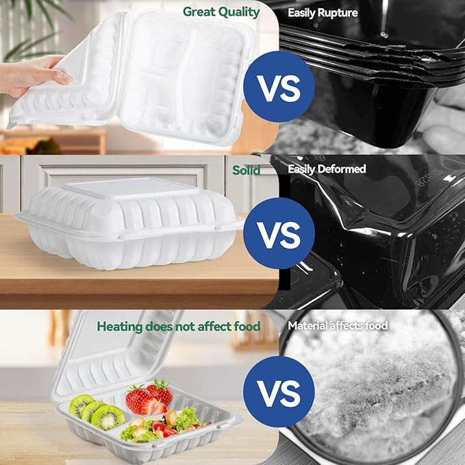 Food Containers 8" 34 oz 55 Pack - Mineral Filled PP Plastic 3 Compartment | Shrink Wrapped Food Grade BPA Free Clamshell | Reusable Dishwasher & Microwave Safe | White Commercial To Go Boxes