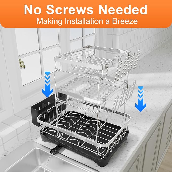Dish Drying Rack - 2-Tier 304 Stainless Steel Dish Rack for Kitchen Counter , Adjustable Spout Auto-Draining Dish Rack, Kitchen Organizers and Storage Rack with Drainboard and Cutlery Holder Black