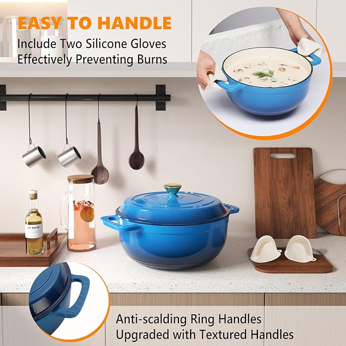 ROVSUN Enameled Cast Iron Round Dutch Oven, 7.5QT Pot with Lid &Dual Handles with Silicone Gloves,Oven Safe up to 500°F, Heavy-Duty Pre-Seasoned Cookware for Bread Baking, Braising, Stews, Roasting,Blue