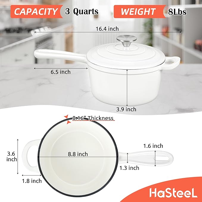 HaSteeL 3 QT Cast Iron Saucepan, Enamel dutch oven with lid, Small Non Stick Pan for Milk, Pasta Tomato Sauce, Butter, Breakfast, Soup, Suitable for Boiling Stewing Frying, Easy to Clean, White