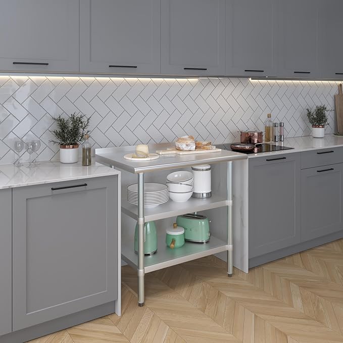 AmGood Stainless Steel Work Table with 1.5" Backsplash and 2 Shelves | Metal Kitchen Food Prep Table | NSF (36" Long x 24" Deep)