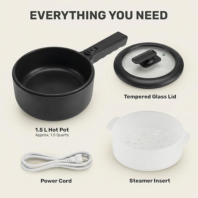 Hot Pot Electric 1.5L CERAMAX, Non-Toxic Ceramic Cooker with Steamer & Lid for Ramen, Pasta, Eggs, Soup - Portable for Dorms, Camping, RVs, Office, Adjustable Temp