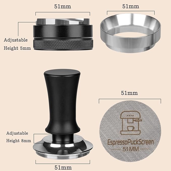 51mm Espresso Tamper Kit - Spring-loaded Coffee Tamper, Adjustable Depth Espresso Distributor Leveler, Magnetic Dosing Funnel Aluminum Metal, Reusable Puck Screen, Fit Delonghi 51mm Portafilters