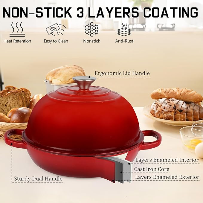 Enameled Cast Iron Bread Oven, Dutch Oven Pot with Lid, 10" Bread Dutch Oven for Sourdough Bread Baking, 6 Quarts Bread Pan with Dome Lid, Non-stick Cookware for Homemade Bread, Red