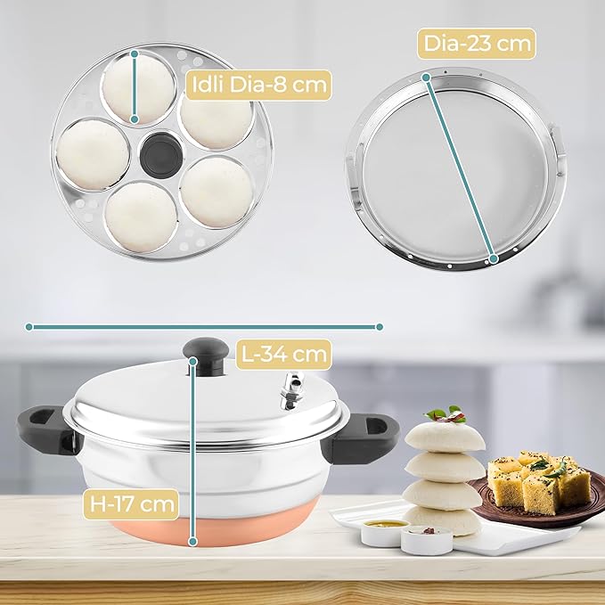 All in One Copper Bottom Idli Cooker 4 pcs Multi Kadai with Stainless Steel lid, 2 idli Plates (10 Idlis) 1 Steamer and 1 Idli Spoon with Whistle, Silver