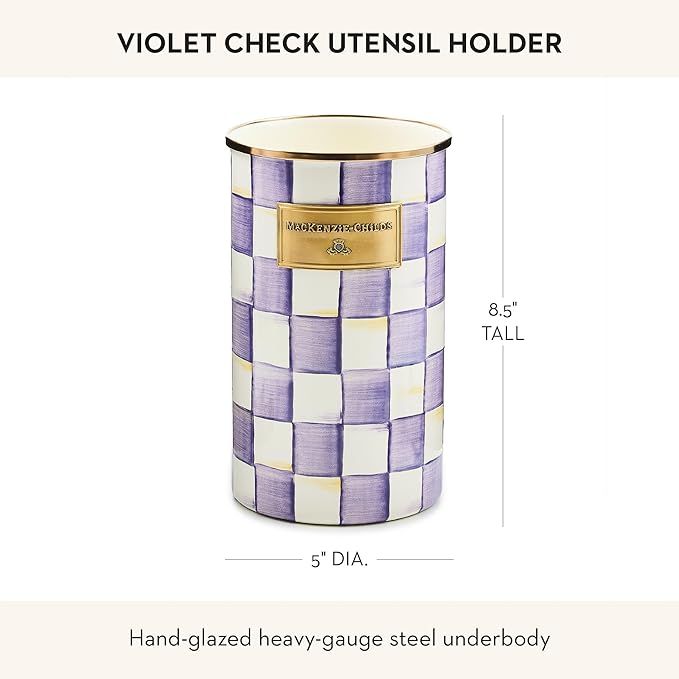 MACKENZIE-CHILDS Enamel Utensil Holder, Stylish Kitchen Countertop Organizer, Purple-and-White Violet Check