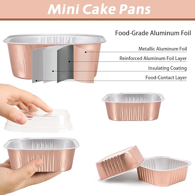 200 Pack 8 oz Champagne Square Mini Cake Pans with Lids, Aluminum Foil Square Brownie Baking Cups for Ramekins Muffin Cupcake Wedding Birthday Party