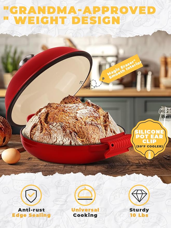 Dutch Oven Bread Baking Pot with Lid 6QT Enameled Cast Iron Oven, Gradient Red Design & Complete Sourdough Kit (Banneton Basket, Dough Tools, Silicone Sling) for Artisan Bread Making