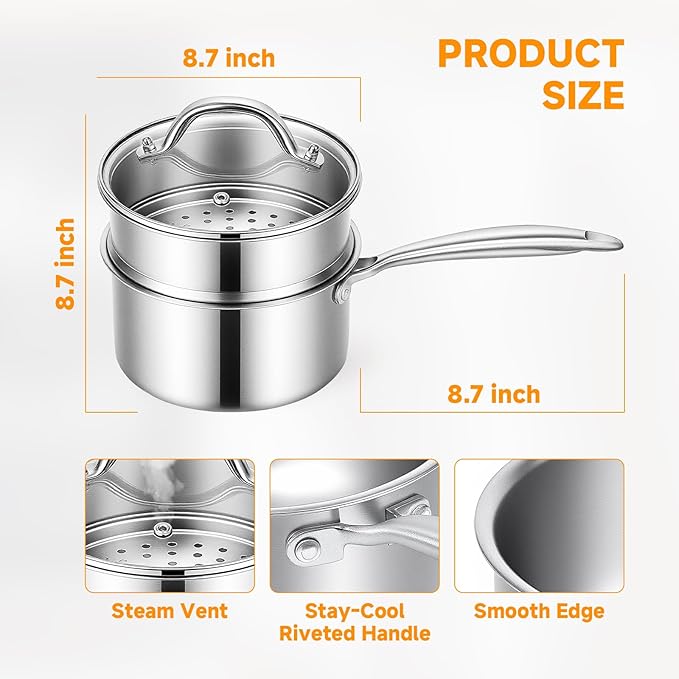 Ohtomber Tri-Ply Steamer for Cooking - Stainless Steel 3 Qt Saucepan with Lid, Medium Kitchen Induction Cooking Pot with Vegetable Food Steamer Basket, Non Stick Sauce Pan with Stay-Cool Handle
