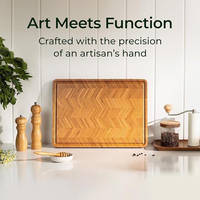 Atelier Collection Bamboo Cutting Board, Reversible Wood Chopping Boards for Kitchen with Juice Grooves, Handcrafted Large Serving Tray, Luxury Housewarming Wedding Gifts for New Home