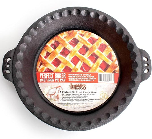 Lehman's Extra Deep Pie Pan, Pre-Seasoned Cast Iron Bakeware with Crimped Edges and Handles, 10.25 inches
