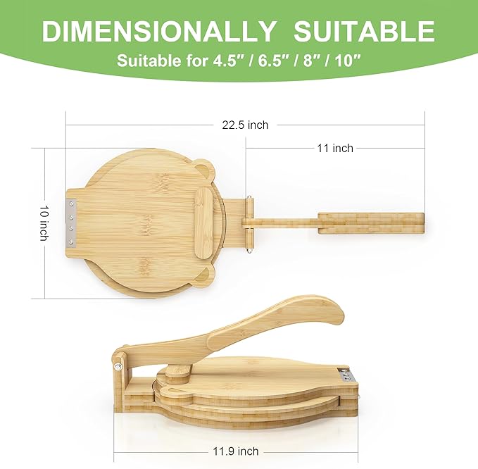 Tortilla Press 10 Inch - Bamboo Quesadilla & Roti Maker with Parchment Paper Sheets & Dough Cutter for Homemade Flour Corn Tortilla, Wood Tortillera Pataconera Tortilla Maker for Home Baking