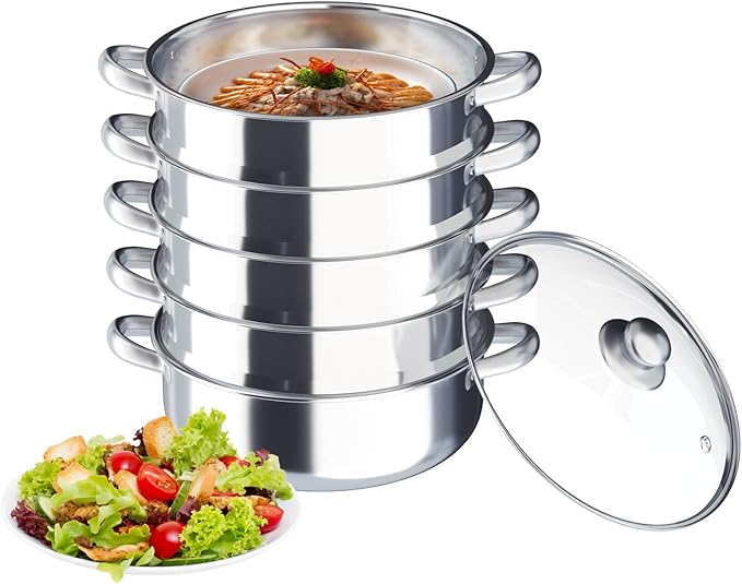 5-Layer Stainless Steel Steamer, 30CM Commercial Food-Grade Steamer Cookware Steaming Pot Tool w/Glass Lid Foods Steamers for Induction Cookers, Electric Ceramic Stoves, Gas Stoves (Silver, 30CM)