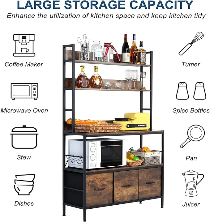 Kitchen Bakers Rack with Baskets,5-Tier Free Standing Storage Shelf Rack,Industrial Microwave Oven Stand,Metal Kitchen Rack Organizer with Hooks