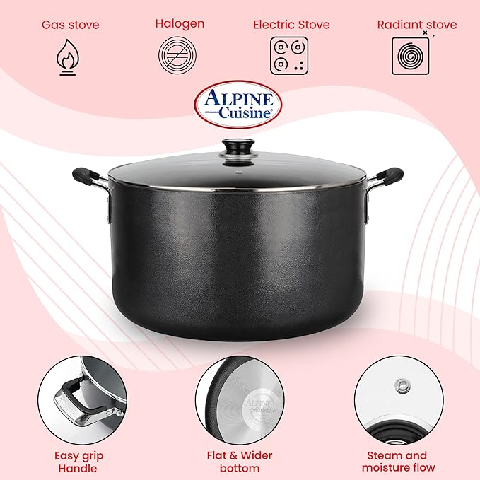 Alpine Cuisine 38 Quart Non-stick Stock Pot with Tempered Glass Lid and Carrying Handles, Multi-Purpose Cookware Aluminum Dutch Oven for Braising, Boiling, Stewing