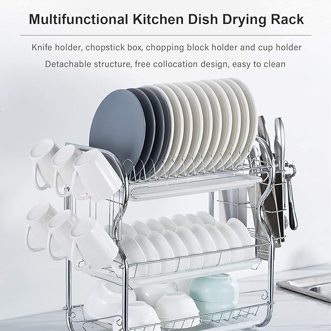 3 Tier Dish Racking System with Removable Drain Board - Sturdy Steel Kitchen Counter Organizer for Efficient Drying and Utensil Storage