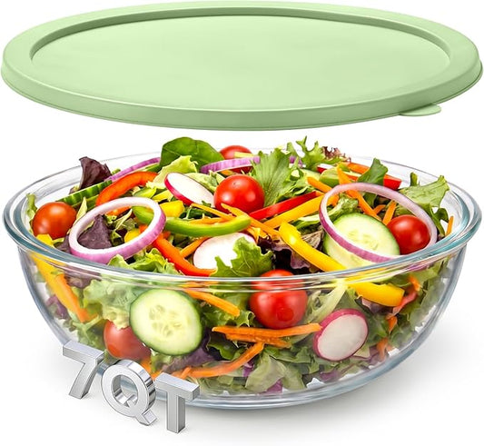 7qt Large Glass Mixing Bowl with Lid Thickened Borosilicate Glass Bowl for Baking Sourdough, Meal Prep, Salad, Mixing, Microwave Storage Prepping Freezer Safe