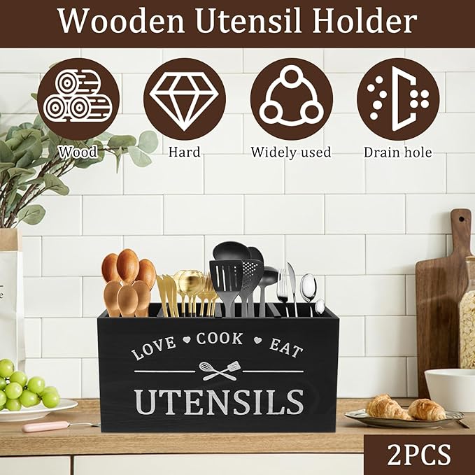 2 Pack Extra Large Kitchen Utensils Holder with 4 Compartments, Wooden Utensil Organizer for Kitchen Countertop, Farmhouse Kitchen Decor, Rustic Cooking Utensil for Knives, Forks, Spoon and Spatula
