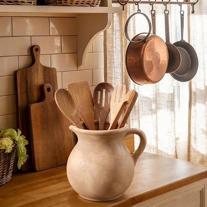 Rustic Kitchen Utensil Holder with Handle,7 Inch Ceramic Vintage Utensil Crock for Countertop, Farmhouse Kitchen Decoration Ceramic Pot for Spatulas Spoons Tongs (Classic,Antique Beige)