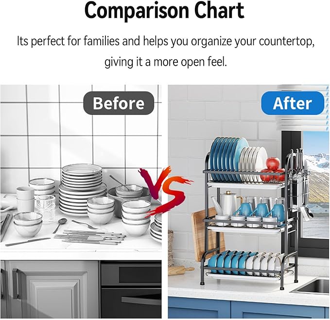 KUK 3 Tier Dish Drying Rack, Stainless Steel Over The Sink Dish with Drain Tray, Kitchen Dishes Drying Racks, Dish Racks for Kitchen Counter Storage (Black)