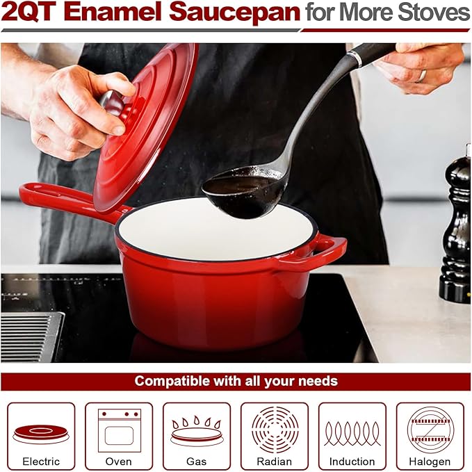 HaSteeL 2 QT Cast Iron Saucepan, Mini Enamel Dutch Oven with Lid, Small Non Stick Pan for Milk, Pasta Tomato Sauce, Butter, Breakfast, Soup, Suitable for Boiling Stewing Frying, Easy to Clean, Red