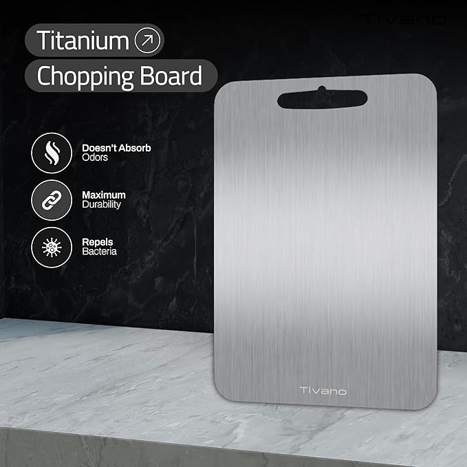Original Tivano TitaniumShield Cutting Board 12"x8" Metal Pro | Ultra Durable, Dishwasher Safe, Heat Resistant, Odor & Stain Free, Knife Friendly, Non Toxic Kitchen Board (1)