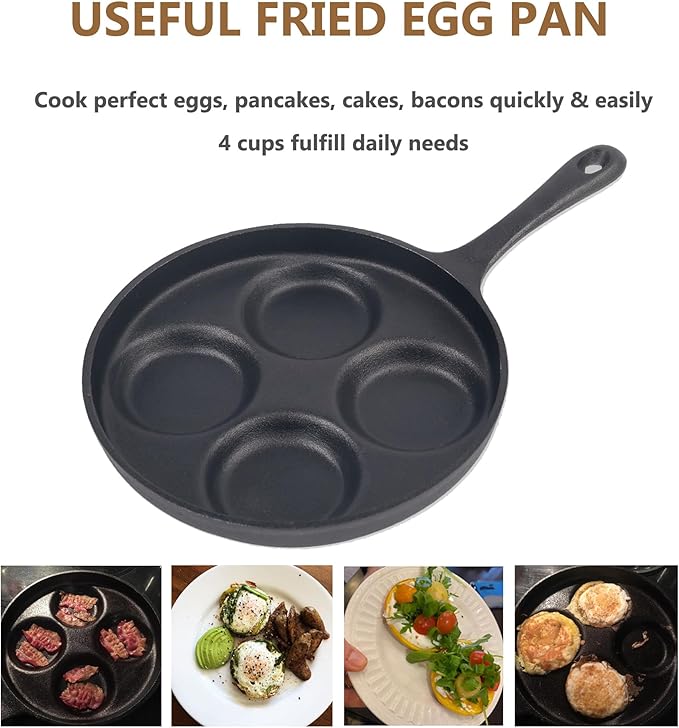 4-Cup Cast Iron Fried Egg Pan 9.5” Pancake Pan Burger Omelet Cooker Griddle Egg Skillet for Breakfast, Kitchen Cookware for Gas Stove & Induction Cooker